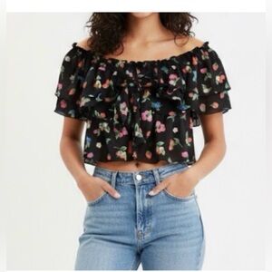 Zara Black Strawberry Floral Ruffle Off The Shoulder Cottagecore Top Blouse Sz L